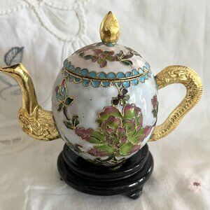 Small Gold Tone Cloisonné  Teapot w Lacquered Wood Stand